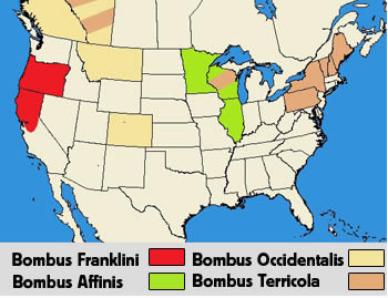 Carte de répartition du Bourdon de Franklin en Amérique du Nord