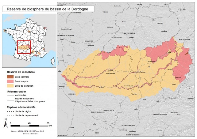 Carte de la réserve de biosphère du Bassin de la Dordogne