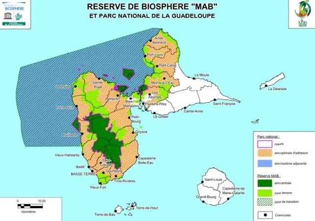 Carte réserve de biosphère de la Guadeloupe