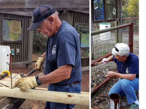À gauche : Wally Sternberg remplace un bois de paysage pourri au Big Branch Marsh National Wildlife Refuge.  À droite : Carolyn Sternberg amorce une clôture au Atchafalaya National Wildlife Refuge.  Les deux refuges font partie du complexe de refuges fauniques nationaux du sud-est de la Louisiane.