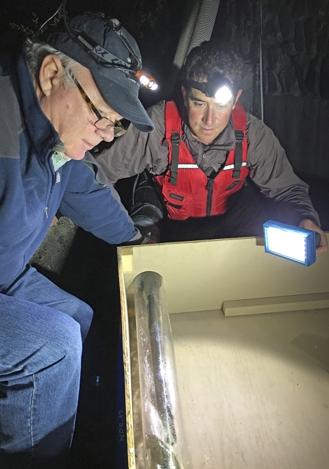 deux hommes regardent une baignoire avec une lamproie à l'intérieur