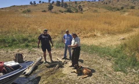 trois personnes debout dans un champ avec un chien au sol