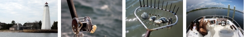 quatre photos côte à côte de gauche à droite : phare, gros plan d'un moulinet de pêche, gros plan d'un râteau à palourdes avec plusieurs palourdes, plaisanciers