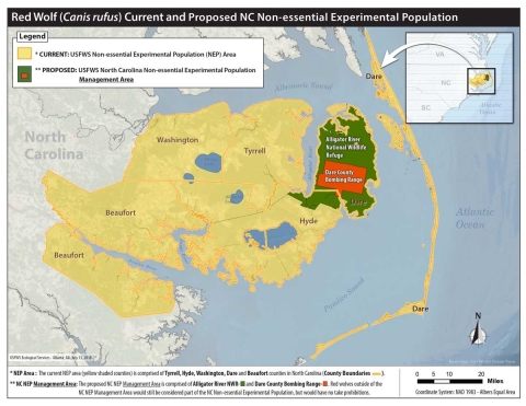 Zone actuelle de gestion de la population expérimentale non essentielle de 5 comtés par rapport à la proposition.