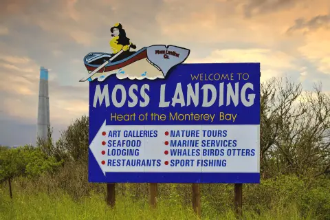 Un grand panneau bleu indiquant "Moss Landing"
