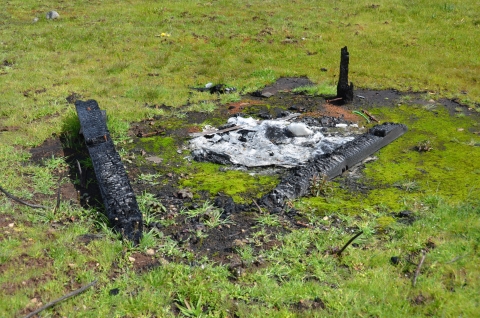 Des poteaux de signalisation carbonisés et un tas de cendres entouré d'herbe fraîche.