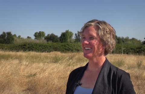 Une femme avec de hautes herbes, des arbres et des arbustes en arrière-plan.