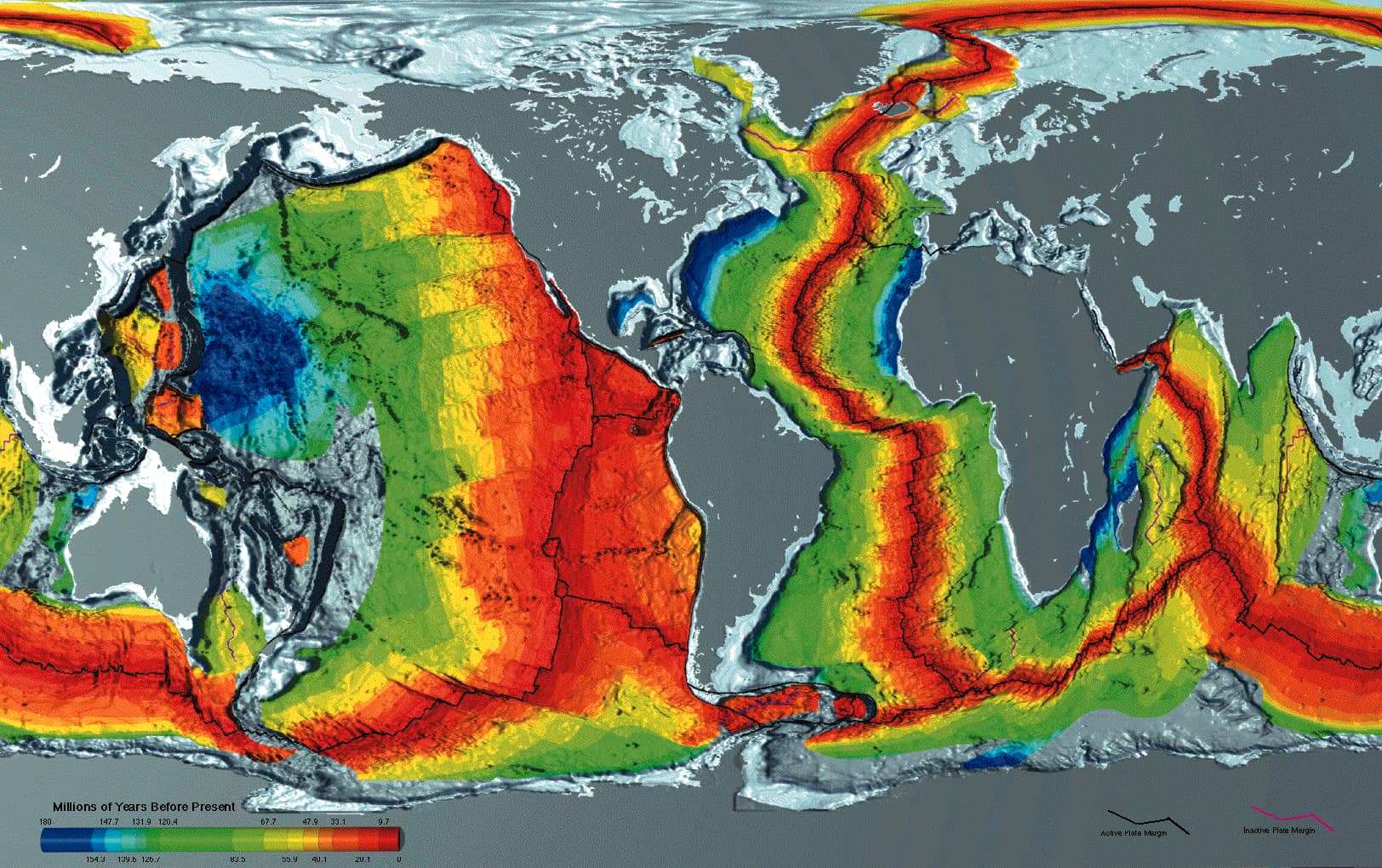 Une carte du fond marin montrant l'âge des différentes parties de la croûte terrestre