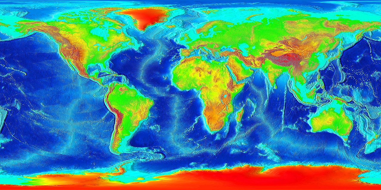 Une carte de l'élévation de la terre, y compris le fond de l'océan.