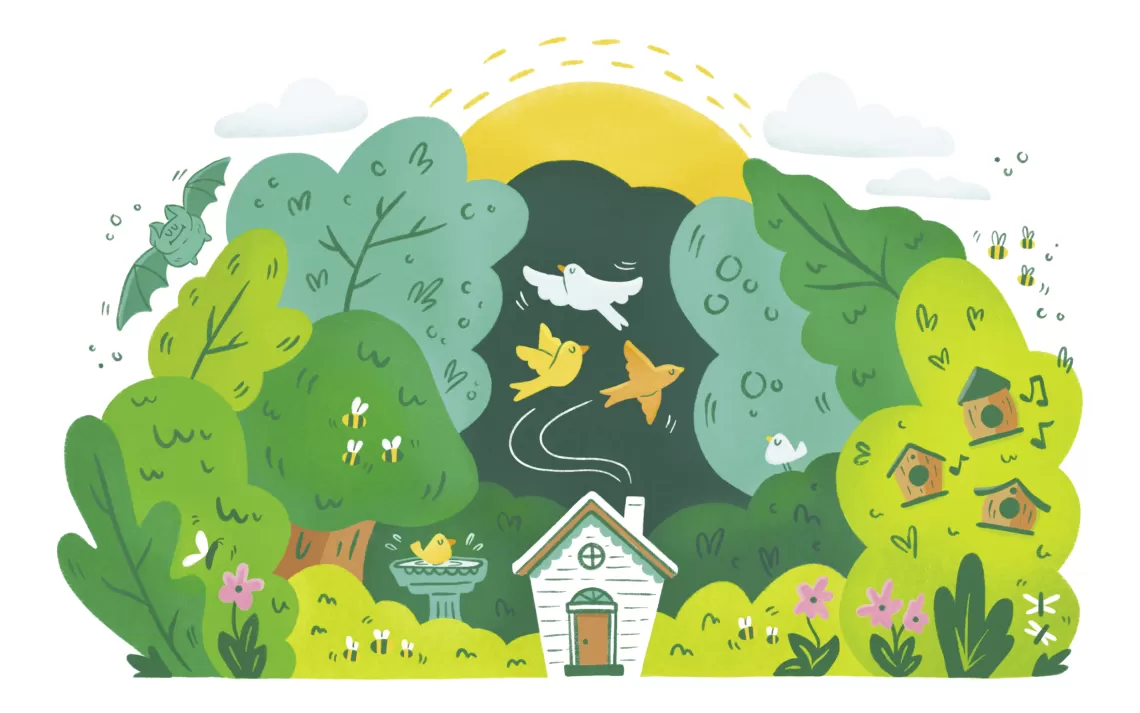 L'illustration de dessin animé montre un soleil derrière une maison et des arbres, des oiseaux, des abeilles et une chauve-souris.