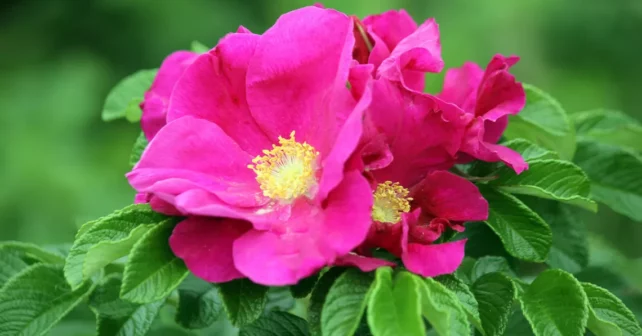 Rose Rugosa rose vif entourée de feuilles vertes.