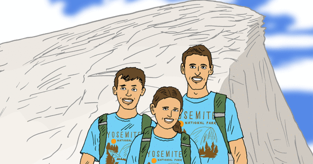 illustration de personnes portant des T-shirts de Yosemite devant le Half Dome avec des ours sur le dessus