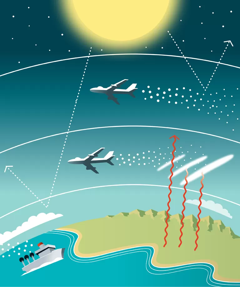 L’illustration montre plusieurs techniques de géo-ingénierie solaire.