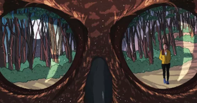 L’illustration montre des yeux de hibou avec le reflet d’une femme sur un chemin boisé et une lune.