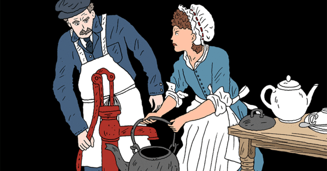 illustration de deux personnes pompant de l'eau pour le thé