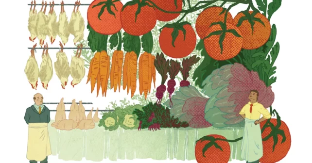 L'illustration montre deux hommes en tablier debout devant des tomates, des carottes, des radis et des poulets suspendus à des tiges
