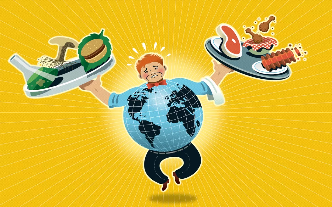 L'illustration montre un homme avec un ventre en forme de terre en sueur et tenant deux assiettes, l'une avec un hamburger végétarien, un champignon et un bécher de liquide et l'autre tenant un steak, des ailes de poulet et d'autres viandes.