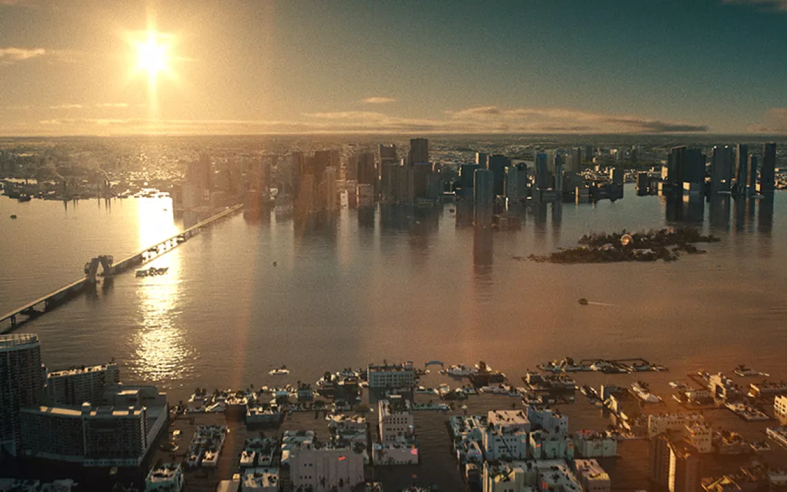 Un paysage CGI ensoleillé et brumeux d'une ville inondée vue d'en haut avec des gratte-ciel sortant de l'eau.