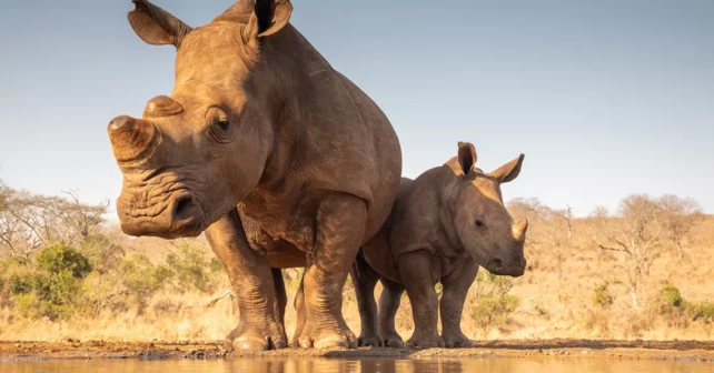 Rhinocéros adultes et bébés debout ensemble devant un étang, devant un horizon d'arbres lointains et un ciel bleu vif