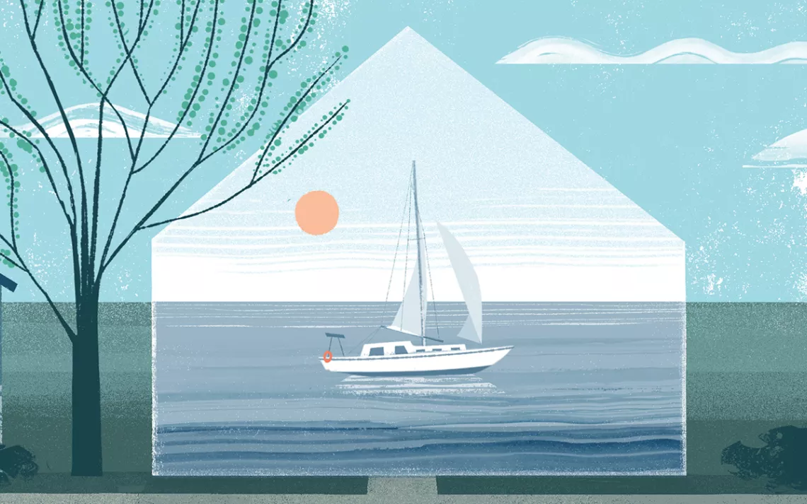 L'illustration montre deux maisons.  Entre eux se trouve le contour d’une maison superposé à un voilier sur l’eau.