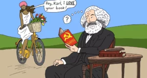 illustration d'une jeune fille sur un vélo parlant à Karl Marx