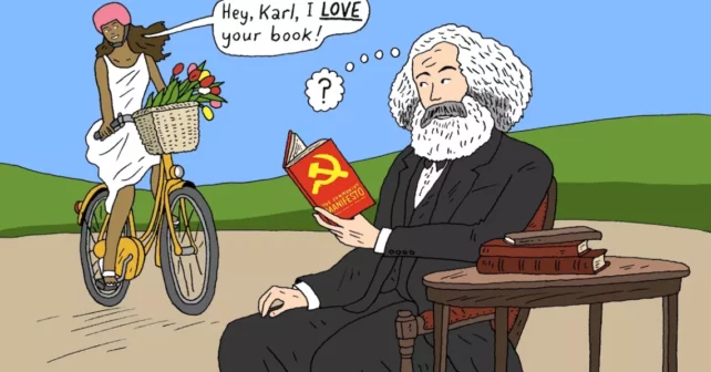illustration d'une jeune fille sur un vélo parlant à Karl Marx