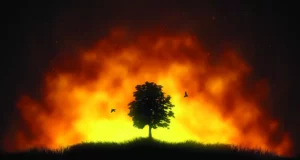 Illustration d'un seul arbre touffu découpé sur un paysage de feu