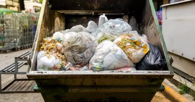 Photo de l’arrière d’un camion-benne, ouvert pour révéler un tas de produits aux couleurs de l’arc-en-ciel.