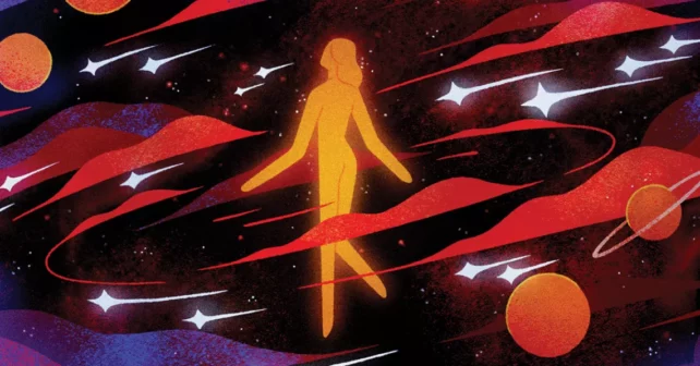 L’illustration montre une femme de dos dans une lumière vive avec des étoiles et des planètes tourbillonnant autour d’elle.