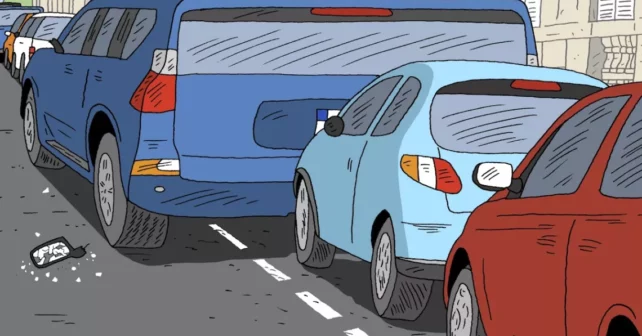 illustrations de voitures dans la circulation et d'un camion avec un rétroviseur cassé