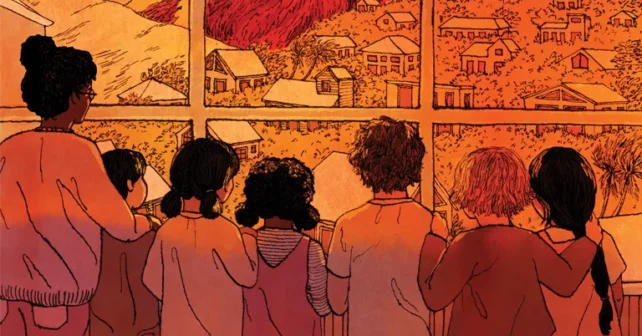 L'illustration rouge vif montre un enseignant et six élèves qui regardent par une fenêtre en classe sur un incendie de forêt qui brûle à travers les collines et les maisons.