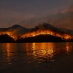 Fire de forêt à Tarifa à côté de la plage d'Atlanterra, le vent entrave le travail d'extinction