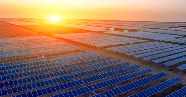 Une grande gamme de panneaux solaires avec le coucher du soleil en arrière-plan.