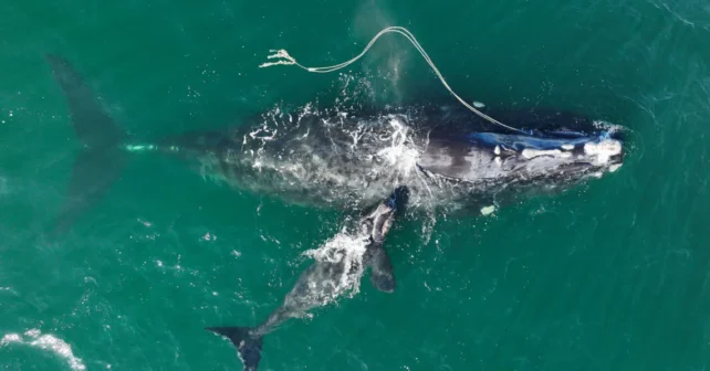 Sur cette photo fournie par le ministère des Ressources naturelles de Géorgie, une baleine noire de l'Atlantique Nord, une espèce en voie de disparition, emmêlée dans une corde de pêche, est aperçue le 2 décembre 2021, avec un nouveau-né dans les eaux près de l'île de Cumberland, en Géorgie.