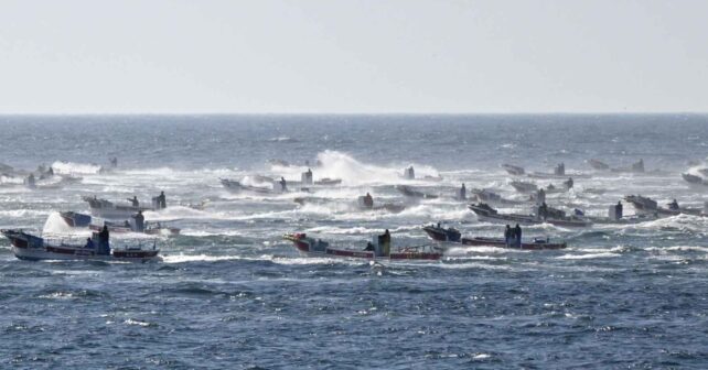 Barcos pesqueros faenando frente a Japón en mar agitado, con aguas más cálidas por el desplazamiento de la Kuroshio.