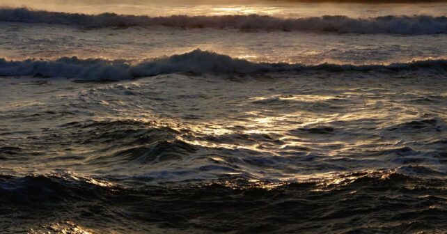 Olas del mar al atardecer con reflejos dorados sobre el agua