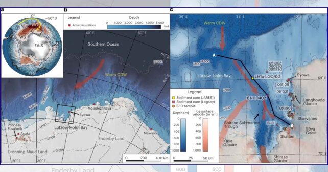Mapa de la bahía Lützow Holm (Antártida oriental) con la entrada de agua profunda cálida (CDW) y puntos de muestreo de sedimentos