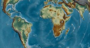 Mapa físico del mundo con relieve, para contextualizar el choque de placas tectónicas entre África y Eurasia