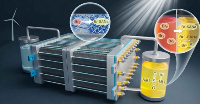 Esquema de una batería de flujo de zinc bromo sin corrosión para almacenamiento de energía renovable