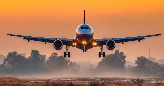 Avión comercial aterrizando al amanecer como símbolo del impacto climático de la aviación