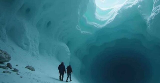 Cueva de hielo en la Antártida con dos personas junto a una abertura oscura