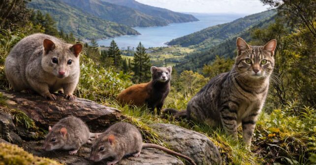 Ratas, zarigüeyas, mustélidos y gato salvaje en un paisaje de Nueva Zelanda