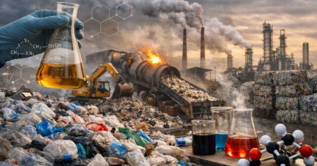 Planta industrial de reciclaje químico donde residuos plásticos se transforman en nuevos productos mediante supraciclaje