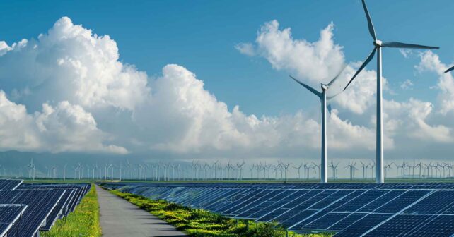 Parque solar con aerogeneradores en un paisaje abierto bajo cielo azul