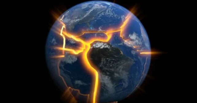 Planeta Tierra con grietas incandescentes que simbolizan la fractura de placas tectónicas en Cascadia.