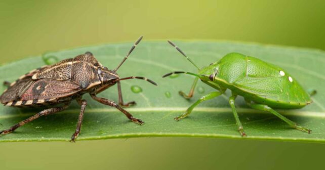 Chinche asiática marrón y chinche verde sobre una hoja, comparadas lado a lado