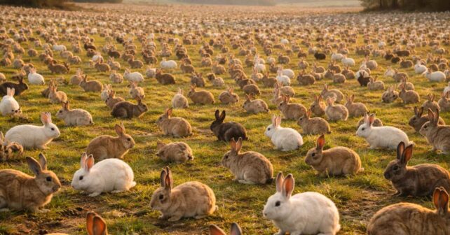 Miles de conejos en un campo, imagen de la invasión del conejo europeo en Australia