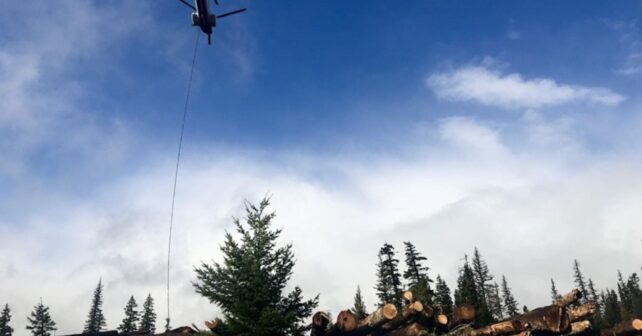 Helicóptero transportando troncos para la restauración de ríos en Estados Unidos.