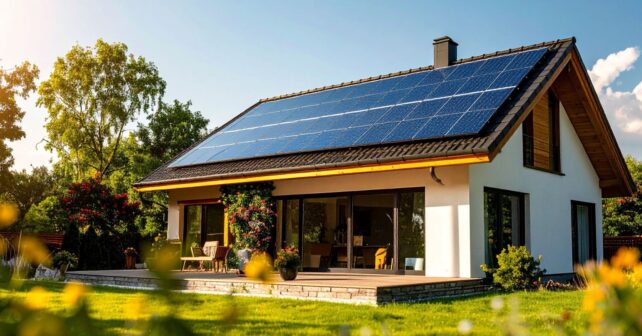 Vivienda unifamiliar con placas solares en el tejado dentro del programa de ayudas al autoconsumo en Lituania.