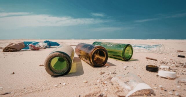 Botellas de vidrio y plástico abandonadas en la playa por contaminación de microplásticos.